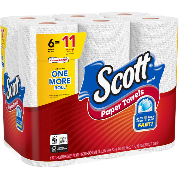 Scott® Choose-A-Sheet® 1-Ply Mega Paper Towels, 102 Sheets Per Roll, Pack Of 24 Rolls