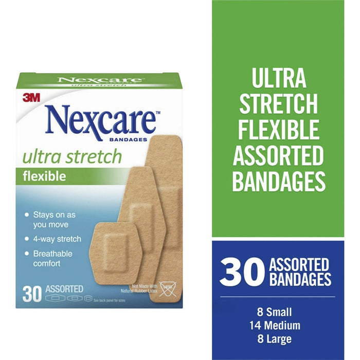 3M Nexcare™ Soft 'n Flex Bandages Assorted Sizes - 0.94" X 1.13" , 1.13" X 3" , 0.88" X 2.25" - 30/Box - 30 Per Box - Tan - Fabric