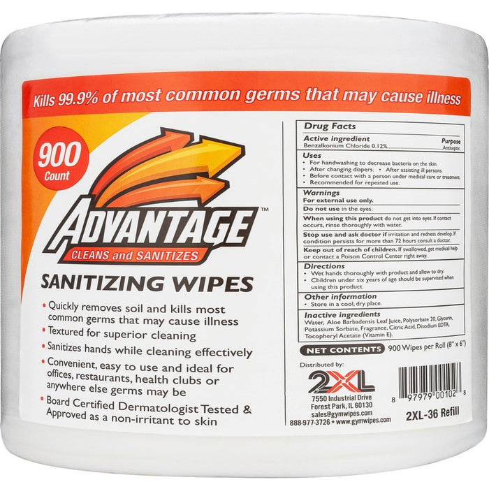 2XL Advantage Sanitizing Wipes 6" Width X 8" Length - 900 / Roll - 4 / Carton - White
