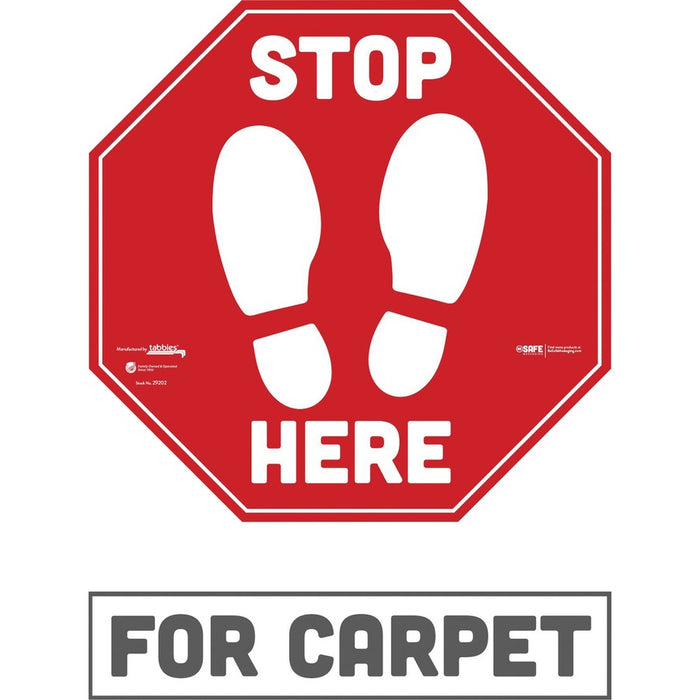 Tabbies® BeSafe STOP HERE Messaging Carpet Decals 6 / Pack - STOP HERE Print/Message - 12" Width X 12" Height - Square Shape - Easy Readability, Removable, Pressure Sensitive, Adhesive, Adjustable, Non-Slip - Acrylic, Vinyl - Red, White