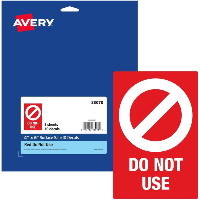 Avery® Surface Safe DO NOT USE Table & Chair Decals 10 / Pack - Do Not Use Print/Message - 4" Width X 6" Height - Rectangular Shape - Water Resistant