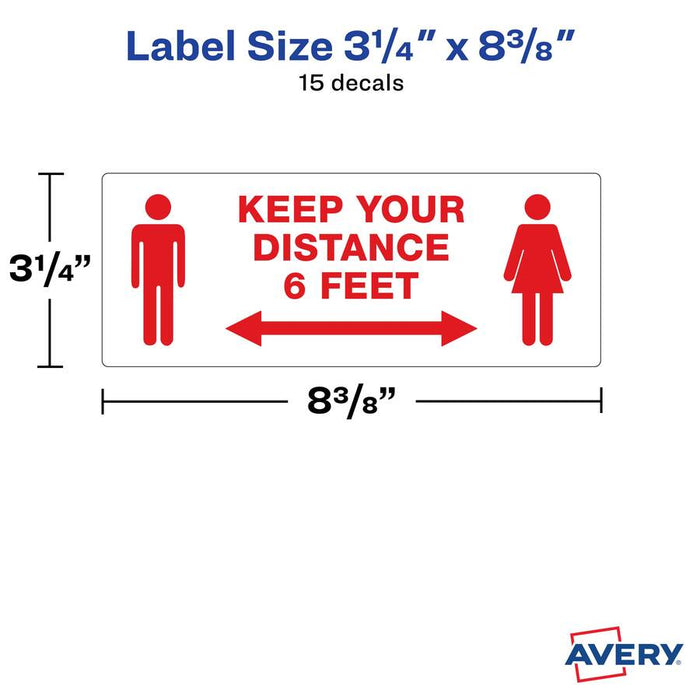 Avery® Surface Safe KEEP YOUR DISTANCE Decals 15 / Pack - Keep Your Distance Print/Message - Rectangular Shape - Water Resistant
