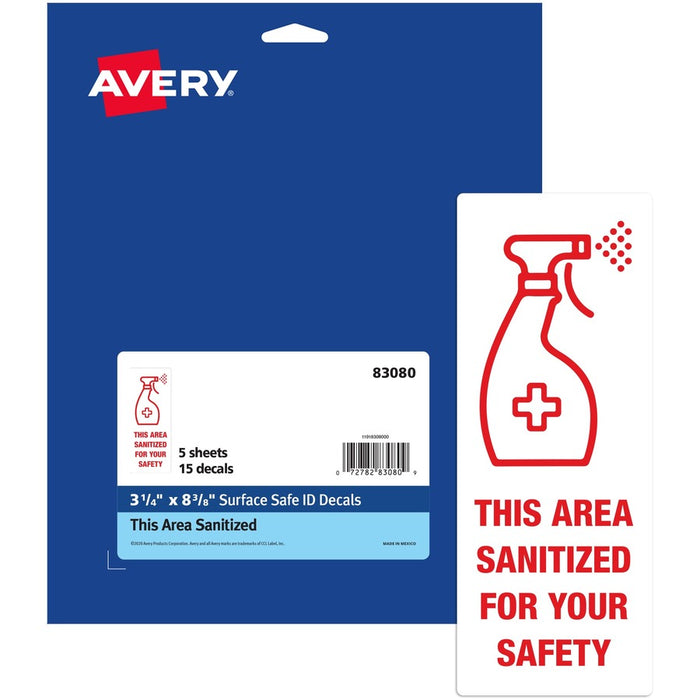 Avery® Surface Safe THIS AREA SANITIZED Decals 15 / Pack - This Area Sanitized Print/Message - Rectangular Shape - Water Resistant