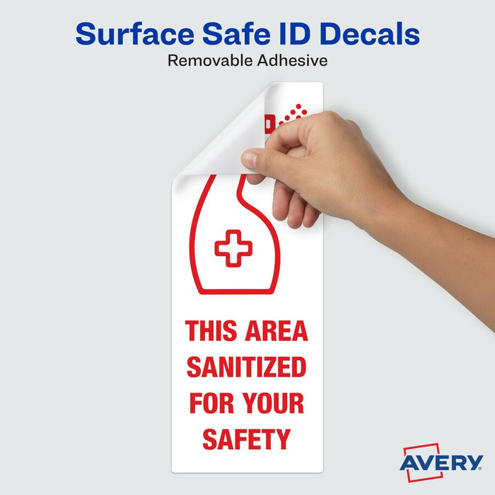 Avery® Surface Safe THIS AREA SANITIZED Decals 15 / Pack - This Area Sanitized Print/Message - Rectangular Shape - Water Resistant