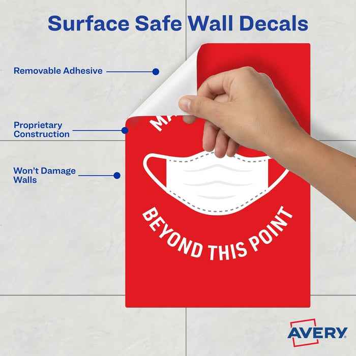 Avery® Surface Safe MASK REQUIRED Wall Decals 5 / Pack - Mask Required Beyond This Point Print/Message - 7" Width X 10" Height - Rectangular Shape - Water Resistant