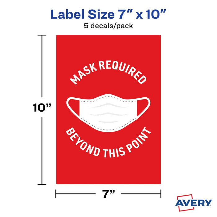Avery® Surface Safe MASK REQUIRED Wall Decals 5 / Pack - Mask Required Beyond This Point Print/Message - 7" Width X 10" Height - Rectangular Shape - Water Resistant