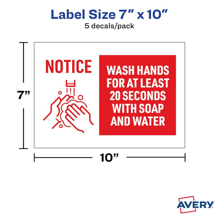 Avery® Surface Safe NOTICE WASH HANDS Wall Decals Decals 5 / Pack - Wash Hands For At Least 20 Seconds Print/Message - 7" Width X 10" Height - Rectangular Shape - Water Resistant