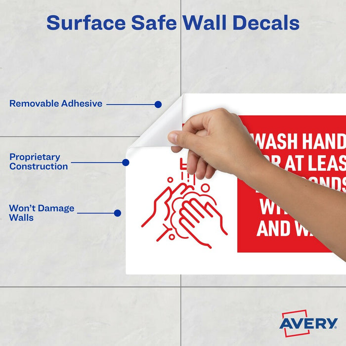 Avery® Surface Safe NOTICE WASH HANDS Wall Decals Decals 5 / Pack - Wash Hands For At Least 20 Seconds Print/Message - 7" Width X 10" Height - Rectangular Shape - Water Resistant
