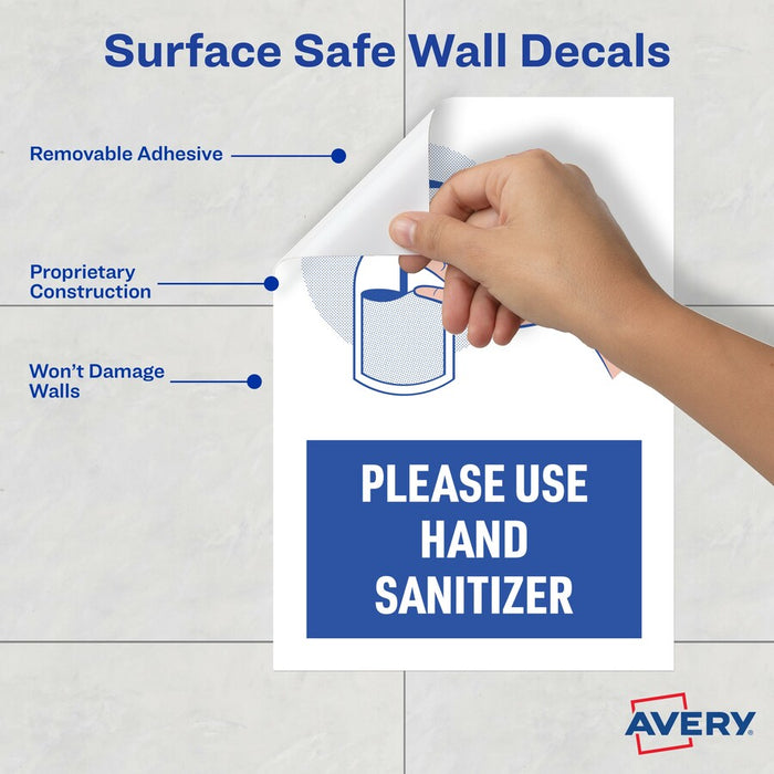 Avery® Surface Safe USE HAND SANITIZER Wall Decals 5 / Pack - Please Use Hand Sanitizer Print/Message - 7" Width X 10" Height - Rectangular Shape - Water Resistant