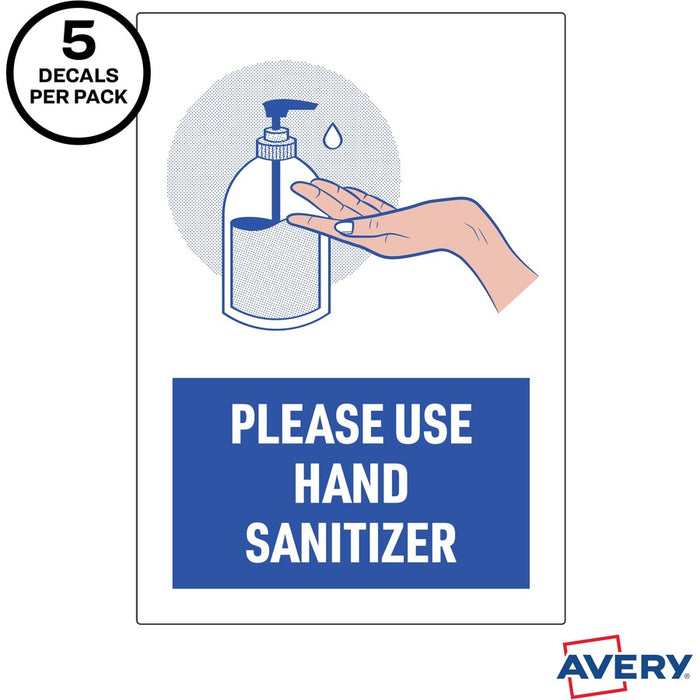 Avery® Surface Safe USE HAND SANITIZER Wall Decals 5 / Pack - Please Use Hand Sanitizer Print/Message - 7" Width X 10" Height - Rectangular Shape - Water Resistant
