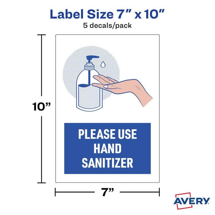Avery® Surface Safe USE HAND SANITIZER Wall Decals 5 / Pack - Please Use Hand Sanitizer Print/Message - 7" Width X 10" Height - Rectangular Shape - Water Resistant
