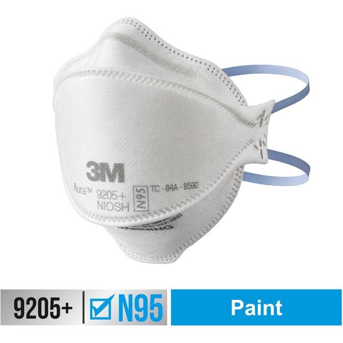 3M™Aura N95 Particulate Respirator 9205 Recommended For: Face - Lightweight, Soft, Comfortable, Adjustable Nose Clip, Disposable, Advanced Electret Media - Adult Size - Airborne Particle, Dust, Contaminant, Fog Protection - White - 10 / Pack