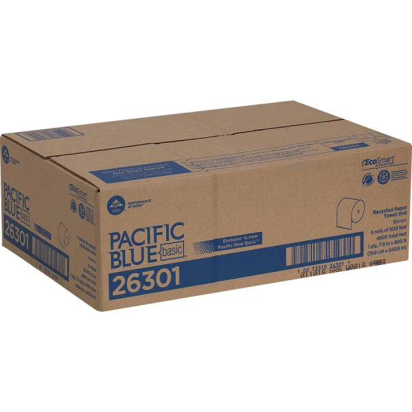 Pacific Blue Basic™ by GP PRO Hardwound 1-Ply Paper Towels, 100% Recycled, Brown, 800' Per Roll, Pack Of 6 Rolls