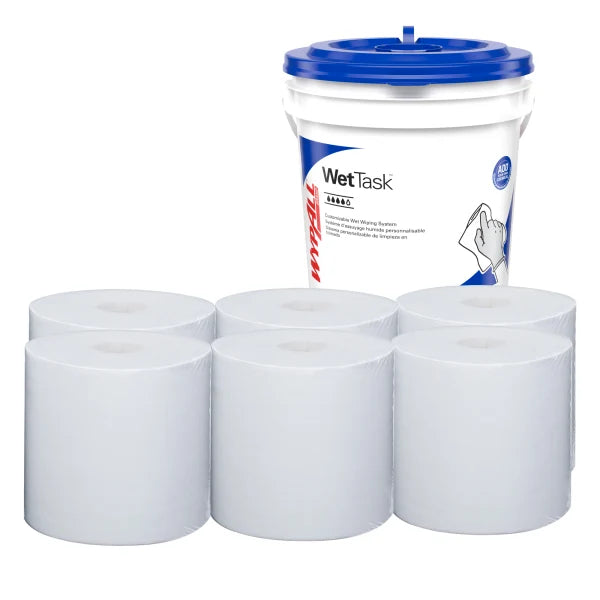 WypAll® Critical Clean Wipers For Bleach, Disinfectants, And Sanitizers, WetTask™ Customizable Wet Wiping System, 12" X 6", 140 Sheets Per Roll, Case Of 6 Rolls, 1 Bucket Included