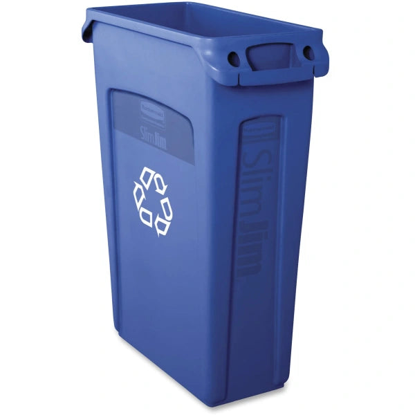 Slim Jim Plastic Rectangular Recycling Bin with Venting Channels, 23 Gallon, Blue Recycling (FG354007BLUE)
