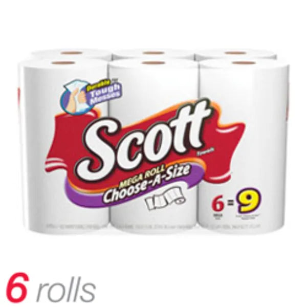 Scott® Mega 1-Ply Choose-A-Size Paper Towels, 102 Sheets Per Roll, Pack Of 6 Rolls