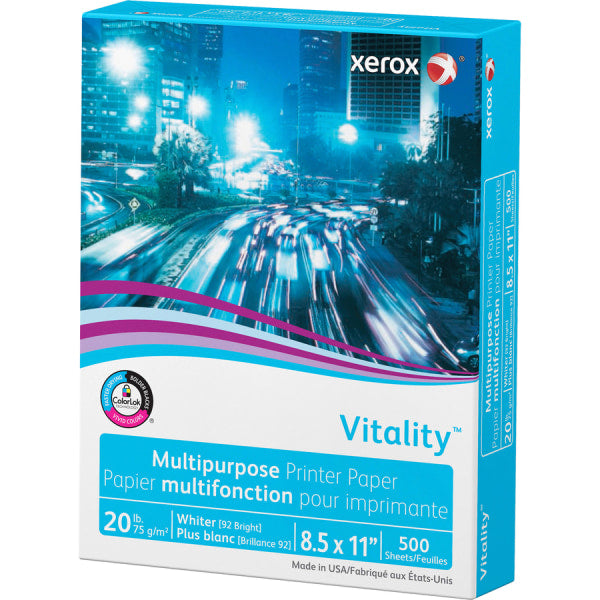 Xerox® Vitality™ Multi-Use Printer & Copier Paper, Letter Size (8 1/2" X 11"), 5000 Total Sheets, 92 (U.S.) Brightness, 20 Lb, FSC® Certified, White, 500 Sheets Per Ream, Case Of 10 Reams