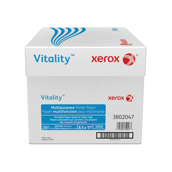 Xerox® Vitality™ Multi-Use Printer & Copier Paper, Letter Size (8 1/2" X 11"), 5000 Total Sheets, 92 (U.S.) Brightness, 20 Lb, FSC® Certified, White, 500 Sheets Per Ream, Case Of 10 Reams