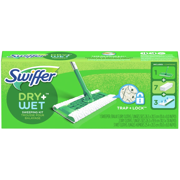 Swiffer® Sweeper® Dry + Wet Starter Kit, 46"H x 10"W x 8"D, Silver/Green