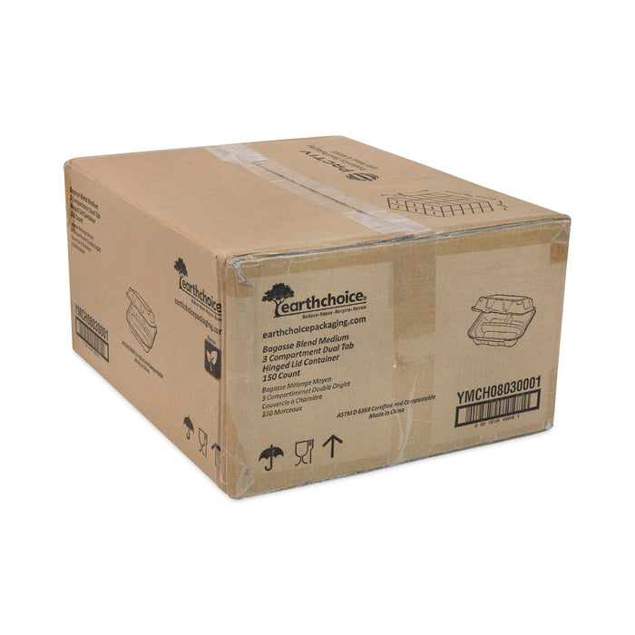 Pactiv Evergreen EarthChoice Bagasse Hinged Lid Container, 3-Compartment, Dual Tab Lock, 7.8 x 7.8 x 2.8, Natural, Sugarcane, 150/Carton