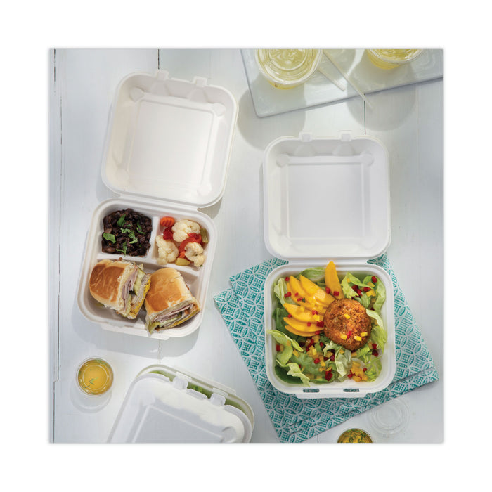 Pactiv Evergreen EarthChoice Bagasse Hinged Lid Container, 3-Compartment, Dual Tab Lock, 7.8 x 7.8 x 2.8, Natural, Sugarcane, 150/Carton