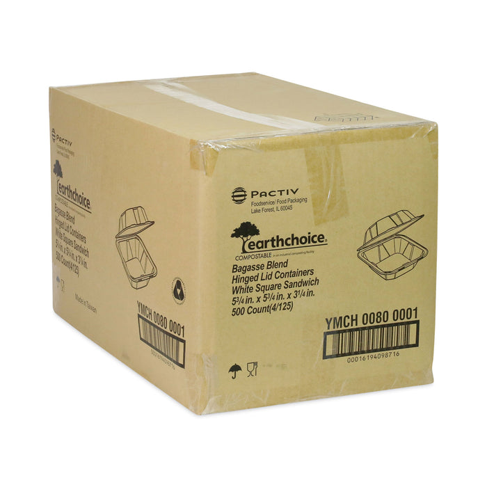 Pactiv Evergreen EarthChoice Bagasse Hinged Lid Container, Single Tab Lock, 6" Sandwich, 5.8 x 5.8 x 3.3, Natural, Sugarcane, 500/Carton