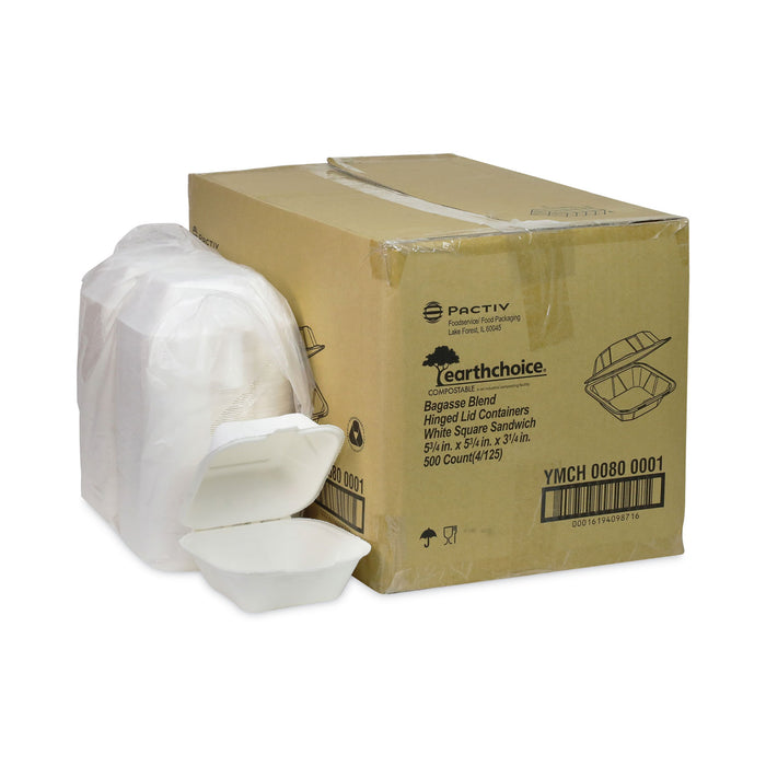 Pactiv Evergreen EarthChoice Bagasse Hinged Lid Container, Single Tab Lock, 6" Sandwich, 5.8 x 5.8 x 3.3, Natural, Sugarcane, 500/Carton
