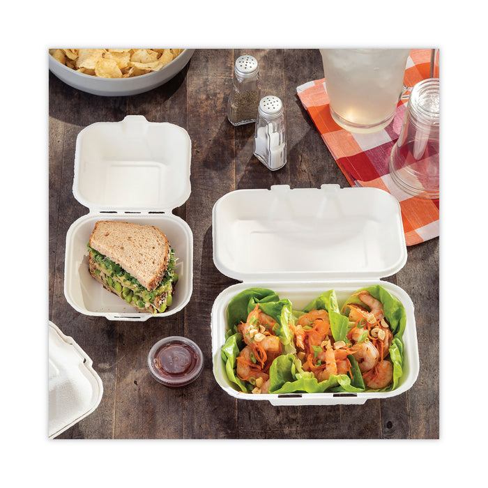 Pactiv Evergreen EarthChoice Bagasse Hinged Lid Container, Single Tab Lock, 6" Sandwich, 5.8 x 5.8 x 3.3, Natural, Sugarcane, 500/Carton