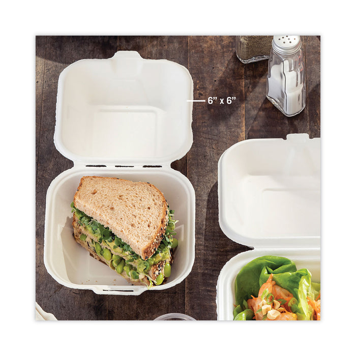 Pactiv Evergreen EarthChoice Bagasse Hinged Lid Container, Single Tab Lock, 6" Sandwich, 5.8 x 5.8 x 3.3, Natural, Sugarcane, 500/Carton