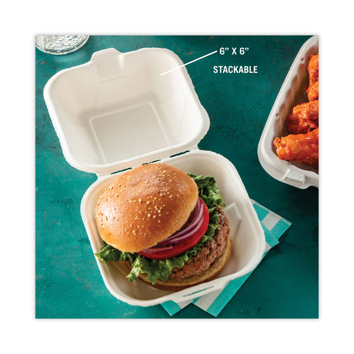Pactiv Evergreen EarthChoice Bagasse Hinged Lid Container, Single Tab Lock, 6" Sandwich, 5.8 x 5.8 x 3.3, Natural, Sugarcane, 500/Carton
