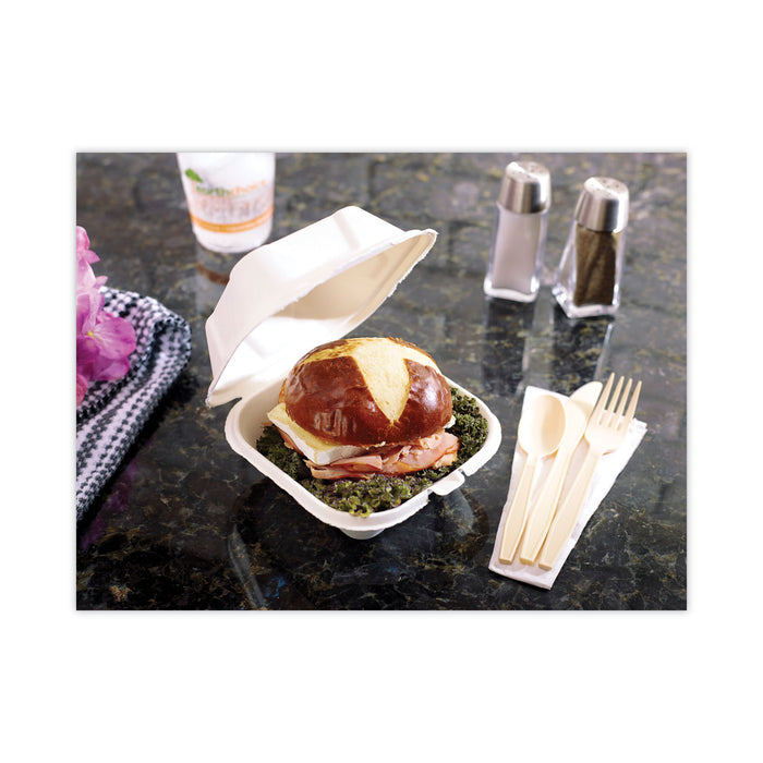Pactiv Evergreen EarthChoice Bagasse Hinged Lid Container, Single Tab Lock, 6" Sandwich, 5.8 x 5.8 x 3.3, Natural, Sugarcane, 500/Carton