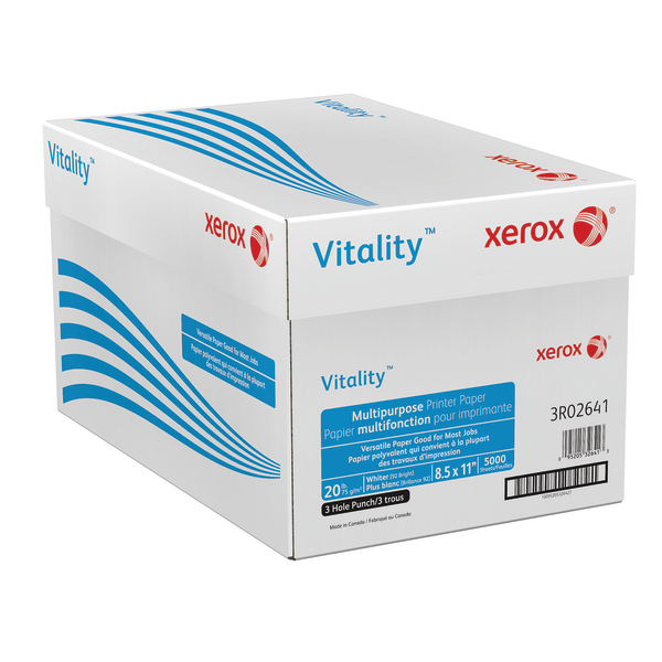 Xerox® Vitality™ 3-Hole Punched Multi-Use Printer & Copier Paper, Letter Size (8 1/2" X 11"), 5000 Total Sheets, 92 (U.S.) Brightness, 20 Lb, FSC® Certified, White, 500 Sheets Per Ream, Case Of 10 Reams