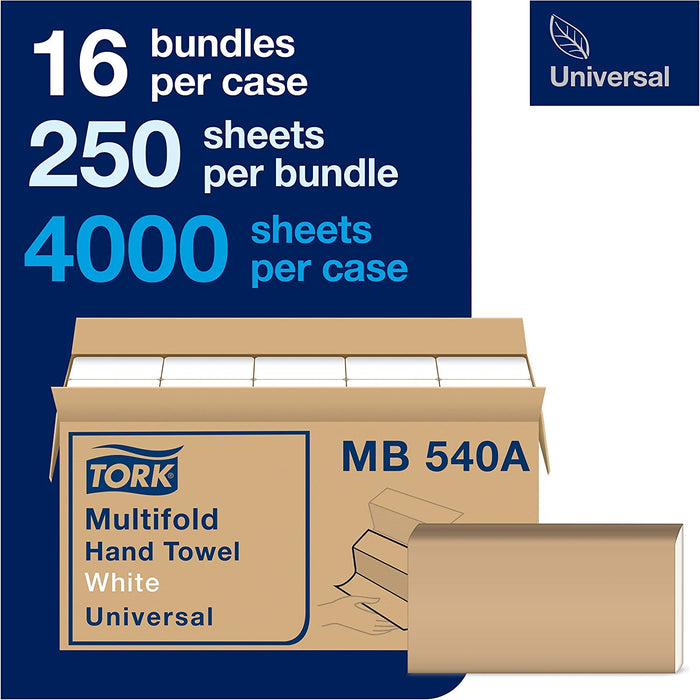 Tork Multifold Hand Towel White H2, Universal, 100% Recycled Fibers, 16 X 250 Towels, MB540A