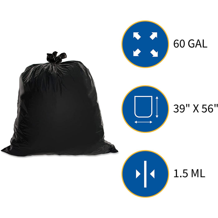 GJO01535 Heavy Duty Low-Density Puncture Resistant Can Liner, 60 Gallon Capacity, 56" Length X 39" Width X 1.50 Mil Thickness, Black (Box of 50)