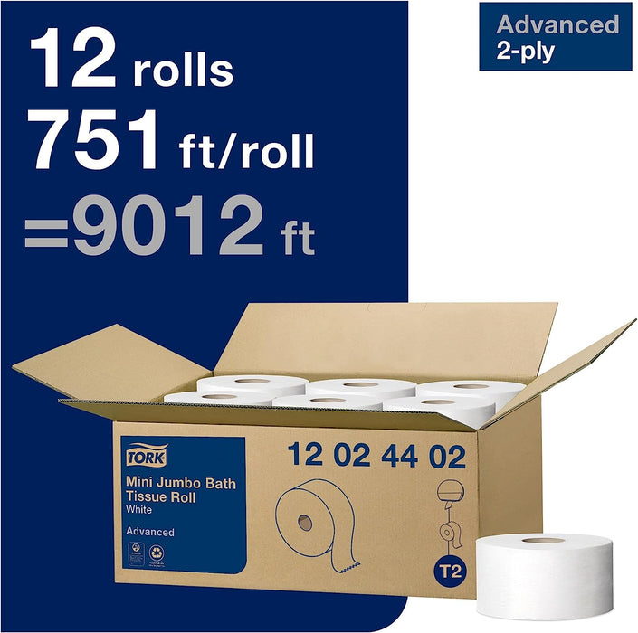 Tork Mini Jumbo Toilet Paper Roll White T2, Advanced, 2-Ply, 12 X 751', 12024402