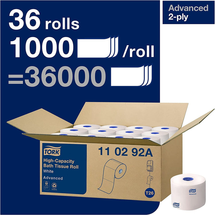 Tork High-Capacity Toilet Paper Roll White T26, Advanced, 2-Ply, 36 X 1000 Sheets, 110292A