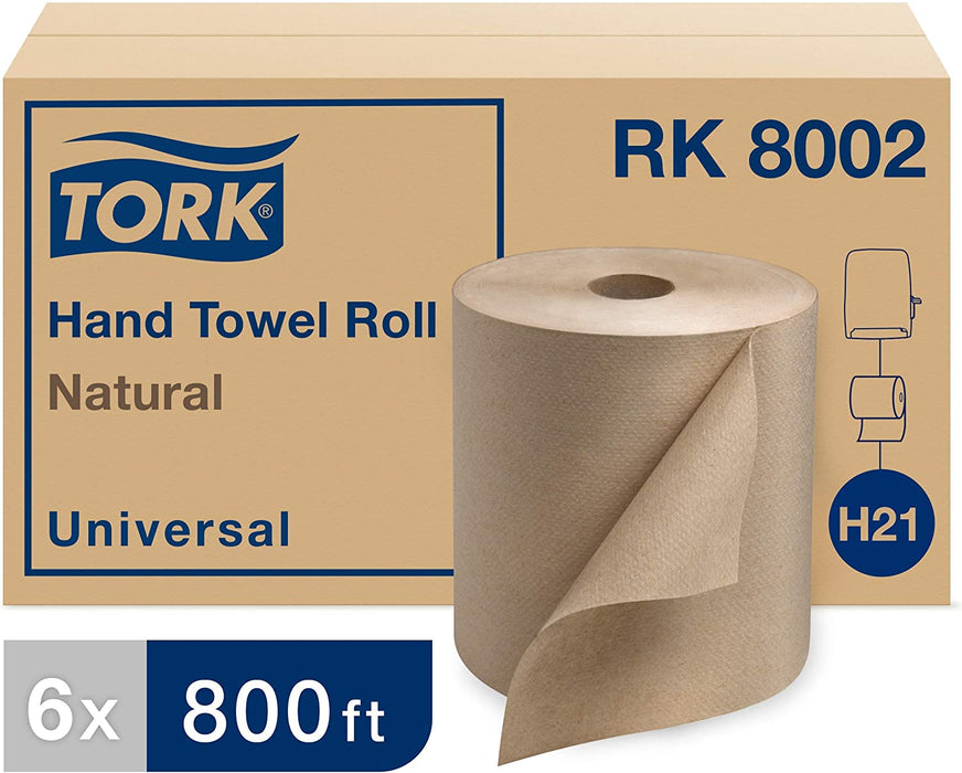 Tork Paper Hand Towel Roll Natural H21, Universal, 100% Recycled Fiber, 6 Rolls X 800 Ft, RK8002